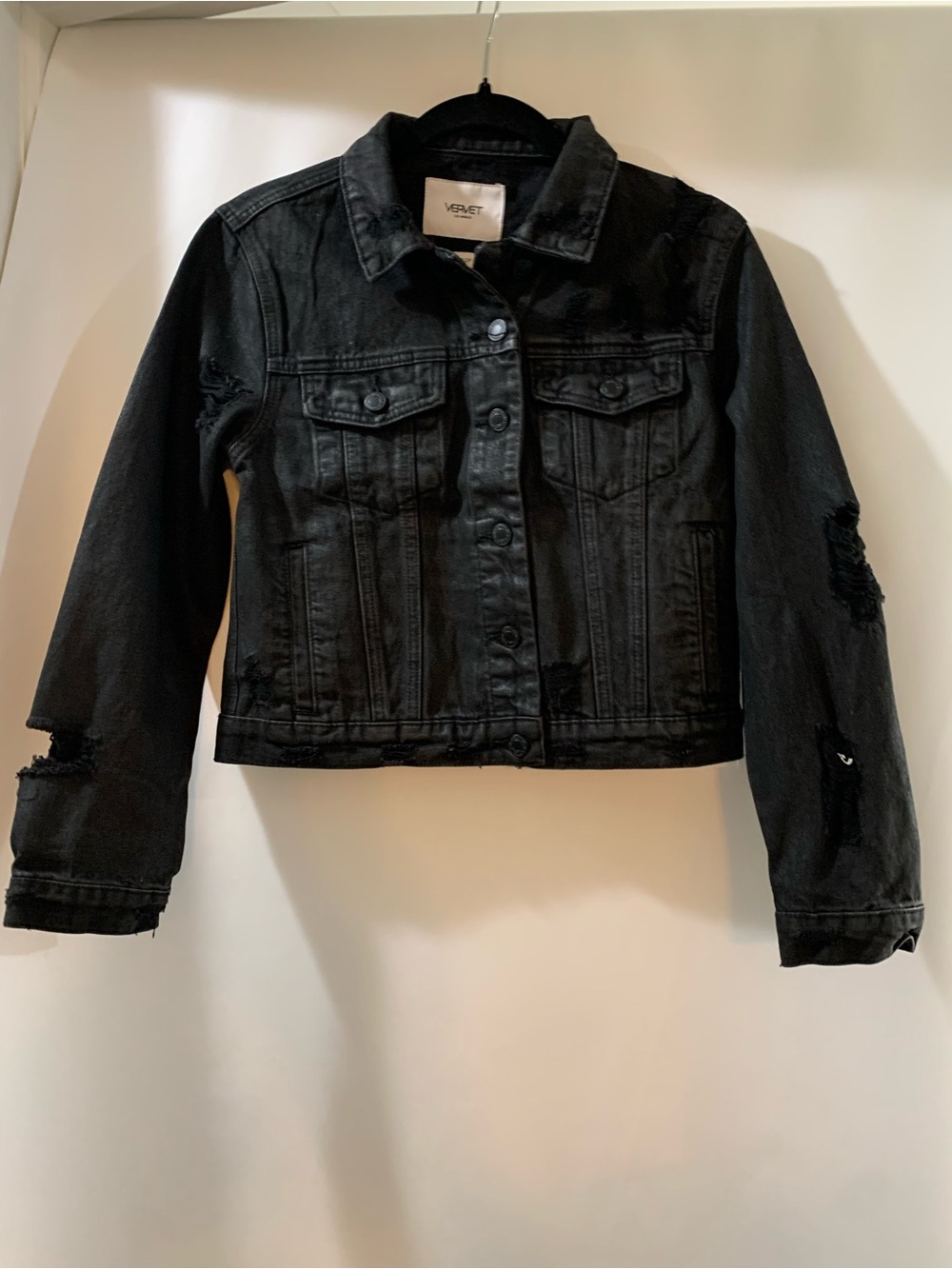 Vervet Distressed Black Denim Jacket for Women